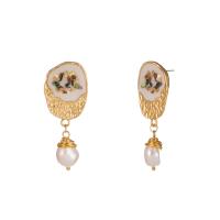 Freshwater Pearl Drop Earring, Zinc Alloy, with Shell, gold color plated, for woman, white 