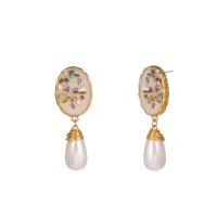 Süßwasser Perle Tropfen Ohrring, Zinklegierung, mit Muschel, goldfarben plattiert, für Frau, weiß, 20x57mm, verkauft von Paar
