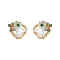 Freshwater Pearl Stud Earring, Zinc Alloy, with 925 Sterling Silver, gold color plated, for woman, white 