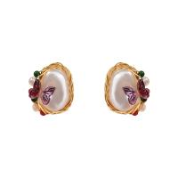 Freshwater Pearl Stud Earring, Zinc Alloy, with 925 Sterling Silver, gold color plated, for woman, white 