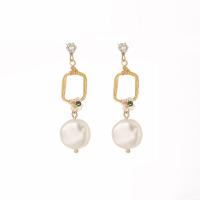 Freshwater Pearl Drop Earring, Zinc Alloy, with 925 Sterling Silver, gold color plated, for woman, white 