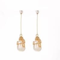 Freshwater Pearl Brass Earring, gold color plated, for woman, white 