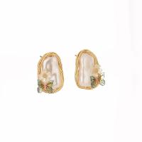 Freshwater Pearl Stud Earring, Zinc Alloy, with Rhodonite & 925 Sterling Silver, gold color plated, for woman, white 