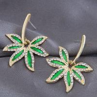 Zinc Alloy Rhinestone Stud Earring, Leaf, plated, micro pave cubic zirconia & for woman & enamel, green 