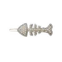 Hair Clip, Zinc Alloy, Fish Bone, gold color plated, for woman & with rhinestone, white 