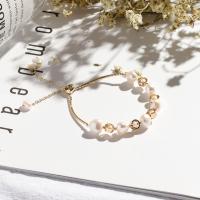 Cultured Freshwater Pearl Brass Bracelet, with pearl, Round, plated, fashion jewelry & for woman, golden, 190mm 