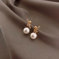 Sterling Silver Natural Pearl Stud Earring, 925 Sterling Silver, with pearl, plated, fashion jewelry & for woman, golden, 17*8mm 