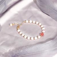 Cultured Freshwater Pearl Brass Bracelet, with Strawberry Quartz, Round, polished, fashion jewelry & for woman, white, 190mm 