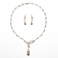 Cubic Zirconia Micro Pave Brass Jewelry Sets, Plastic Pearl, earring & necklace, with Brass, 2 pieces & fashion jewelry 