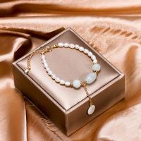 Cultured Freshwater Pearl Brass Bracelet, with Jadeite & Brass, Keshi, plated, fashion jewelry & for woman, white, 190mm 