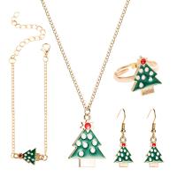 Conjuntos de joya de aleación de cinc de esmalte, aleación de zinc, anillo de dedo & pulsera & pendiente & collar, chapado en color dorado, Diseño de Navidad & para mujer, verde, Vendido por Set