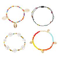 Glass Seed Beads Bracelets, Zinc Alloy, with Shell & Resin, 4 pieces & fashion jewelry, multi-colored 
