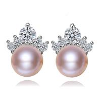 Boucles d'oreilles d'eau douce de Perle , laiton, avec perle & zircon cubique, couronne, Placage, bijoux de mode & avec zircone cubique, plus de couleurs à choisir, 8mm, Vendu par paire