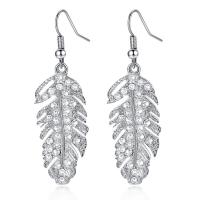 Cubic Zirconia Micro Pave Brass Earring, with Cubic Zirconia, Feather, plated, fashion jewelry & for woman & with cubic zirconia 38*16mm 