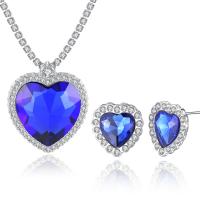 Brass Jewelry Set, with Glass, Heart, plated, fashion jewelry & for woman, blue, 38*34*420+50mmuff0c15*16mmuff0c33*15mm 