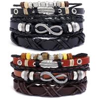 Men Bracelet, Faux Leather, with waxed cord, plated, Adjustable & three pieces & fashion jewelry & Unisex, black, 60mm 