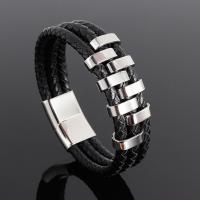PU Leather Cord Bracelets, Titanium Steel, with PU Leather, plated, dyed & for man, black 