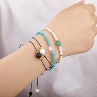 Turquoise Woven Ball Bracelets, with Wax Cord & Labradorite, Round & Adjustable 4mm 