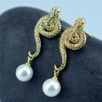 Brass Drop Earring, with Plastic Pearl, Snake, gold color plated, micro pave cubic zirconia & for woman, 37mm 