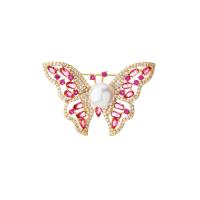 Cubic Zirconia Brooch, Brass, with Shell Pearl, Butterfly, gold color plated & micro pave cubic zirconia & for woman 