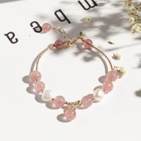 Strawberry Quartz Bracelet, with pearl & Brass, Round, plated, fashion jewelry & for woman, pink, 190mm 