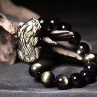 Gemstone Bracelets, Gold Obsidian, polished, Unisex black 