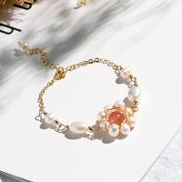 Cultured Freshwater Pearl Bracelets, with Strawberry Quartz & Brass, Round, plated, Adjustable & fashion jewelry & for woman, golden, 210mm 