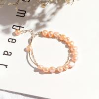Cultured Freshwater Pearl Brass Bracelet, with Brass, Round, polished, fashion jewelry & for woman, pink, 200*8-9mm 