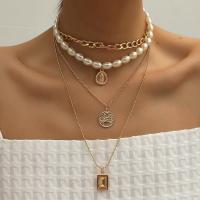 Mode-Multi-Layer-Halskette, Zinklegierung, mit Kunststoff Perlen, rund, plattiert, Modeschmuck & mehrschichtig & für Frau, goldfarben, 10x15x1cm, verkauft von PC