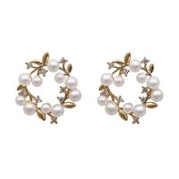 Plastic Pearl Zinc Alloy Earring, gold color plated, for woman, white 
