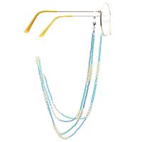 Brass Glasses Chain, with Seedbead & pearl & Quartz, plated, anti-skidding & glass pattern design & Unisex, blue, 770mm 