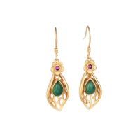 Brass Drop Earring, with Green Calcedony, gold color plated, hollow 