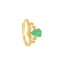 Brass Open Finger Ring, with Green Calcedony, gold color plated, Adjustable 