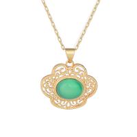 Brass Jewelry Necklace, with Green Calcedony, gold color plated & hollow 