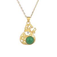 Brass Jewelry Necklace, with Green Calcedony, Money Bag, gold color plated & micro pave cubic zirconia & hollow Approx 19.68 Inch 