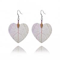 Brass Drop Earring, with Real Leaf, Heart, plated, natural 
