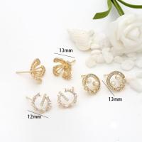 Brass Earring Stud Component, gold color plated & micro pave cubic zirconia & hollow, 12mm,13mm 