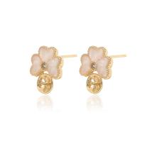 Brass Earring Stud Component, with Plastic Pearl, Four Leaf Clover, gold color plated, micro pave cubic zirconia 5mm 