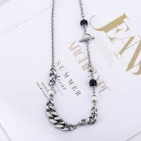 Titanium Steel Jewelry Necklace, with pearl & Cubic Zirconia, plated, fashion jewelry & Unisex, silver color, 580mm 