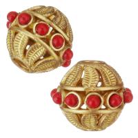 Hollow Brass Beads, with Plastic, gold color plated, red Approx 3mm 