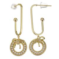 Brass Drop Earring, with Plastic Pearl, gold color plated, micro pave cubic zirconia, 39mm,13mm 