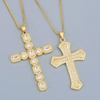 Cubic Zircon Micro Pave Brass Necklace, Cross, 18K gold plated, fashion jewelry & micro pave cubic zirconia & for woman, golden, 450+50*48*30mm 