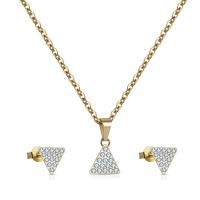 Joyería de acero inoxidable de diamantes de imitación, Pendiente de stud & collar, Triángulo, unisexo & con diamantes de imitación, dorado, 460x16x7mm, Vendido por Set