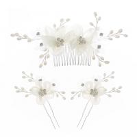 Zinc Alloy Hair Jewelry Set, hair comb & hair stick, with Cloth, silver color plated, three pieces & for woman & with rhinestone, white 