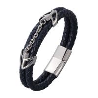 Men Bracelet, 316L Stainless Steel, with Split Layer Cowhide Leather, plated, fashion jewelry, dark blue, 6mmX2mm 