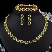 Cubic Zirconia Micro Pave Brass Jewelry Sets, Stud Earring & bracelet & necklace, with Cubic Zirconia, three pieces & fashion jewelry 45 CM   uff0c3.4CM uff0c18CM+3CM 