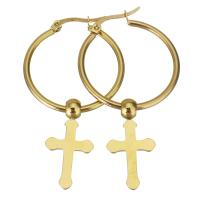 Huggie Hoop Drop Earring, Stainless Steel, Cross, gold color plated, for woman  