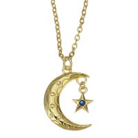 Cubic Zircon Micro Pave Brass Necklace, with stainless steel chain, with 1.5 inch extender chain, Moon and Star, gold color plated, micro pave cubic zirconia & for woman 2mm Approx 17 Inch 