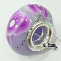 Porcelaine, European Perles , porcelaine, rondelle, avec le motif de fleurs & noyau double en argent sans filetage, violet Environ 4.5mm, Vendu par PC