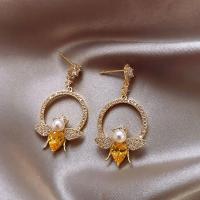 Sterling Silver Drop Earring, Plastic Pearl, with Zinc Alloy, gold color plated, fashion jewelry & for woman & with rhinestone, 4.3cmX2cm 